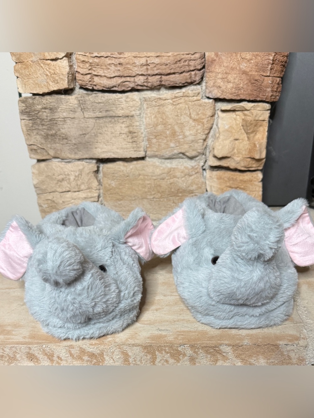 Plush Fluffy Elephant Novelty Slippers - Soft Gray with Pink Ears Non Slip